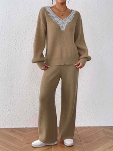 V-neck knit sweater set with wing patch and wide-leg trousers in khaki earth tones