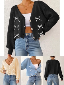 Gilet en Maille Femme Col en V Doux Décoration Nœud de Satin Trois Boutons Pull Court Automne Hiver Haut à Manches Longues