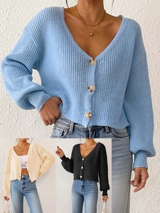 Gilet en Tricot Court pour Femme Col en V Manches Lanterne Couleur Unie Boutonné Pull en Tricot Large Streetwear Top