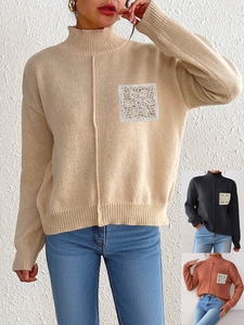 Women Casual Mock Neck Pullover Sweater Long Sleeve Crochet Flower Patch Pocket Knit Top Streetwear Fashion Autumn Winter
