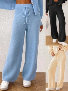 Women's Comfortable Warm Knit Straight Leg Wide Leg Pants Drawstring High Waist Ribbed Polyester Casual Trousers