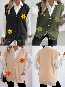 Gilet Cardigan en Tricot Ample Vintage pour Femmes Avec Boutons de Künstliche Perles Patch de Fleurs au Crochet 3D Sans Manches Col en V Pull Top