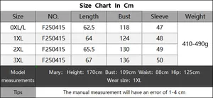 Detailed size chart in centimeters for women's oversized crochet patchwork sweater