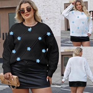 Close-up of diamond lattice knit sweater featuring 3D floral embroidery and ribbed edges