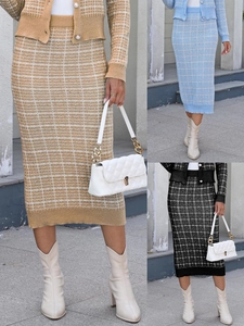 Ensemble Femme Élégant En Tricot Cardigan À Carreaux Et Jupe Mi Longue Style Urbain Petite Fragrance Streetwear Casual Haut Jupe