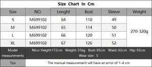 Detailed size guide table for women's casual sweater including bust and sleeve measurements
