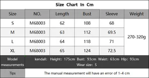 Detailed size chart for women long sleeve top showing measurements from S to XL in cm
