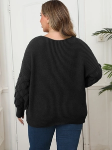 Plus size black V-neck sweater with lantern sleeves and 3D textured knit patterns