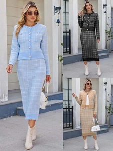 Women Elegant Plaid Knit Cardigan And Pencil Skirt Round Neck Long Sleeve Top With Artificial Pearl Buttons Office Lady Outfit
