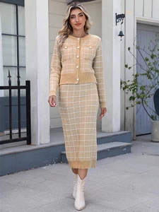 Elegant yellow plaid knit two-piece set featuring a pearl button cardigan and midi skirt