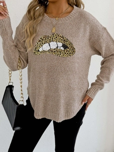 Damen-Strickpullover mit Rundhalsausschnitt, Leopard-Lippen und Pailletten-Stickerei