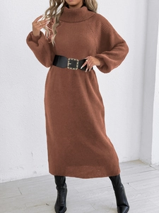 Women's turtleneck knit dress with lantern sleeves and vertical ribbed texture in rust red