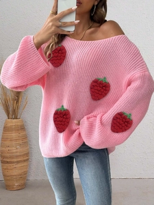 Pink off-shoulder knit sweater featuring 3D crochet strawberry patterns and flare sleeves