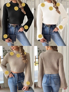 Women's Crochet Flower Flare Sleeve Sweater Mock Neck Patchwork Slim Fit Cropped Pullover Streetwear Knitwear Top