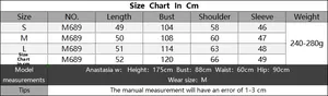 Size chart table in centimeters for women's knitted cardigan with model measurements
