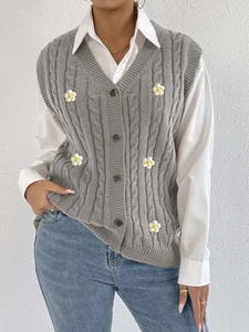 Women's grey cable-knit vest with 3D floral patches and deep V-neck and buttons