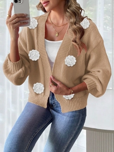 Women's khaki knit cardigan with 3D white floral applique and long sleeves for autumn