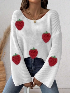 White knit off-shoulder sweater with handmade strawberry patches and flared sleeves