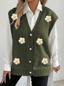 Women's V-neck knit vest in olive green with 3D white daisy floral appliques and pearl buttons