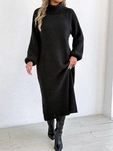 Elegant black long knit dress with turtleneck and long sleeves for women casual wear