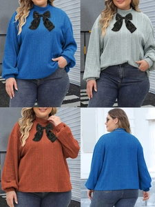 Plus Size Women Mock Neck Long Sleeve Ribbed Knit T-Shirt Top With Decorative Bow Tie Patchwork Casual Streetwear Fashion Sweater
