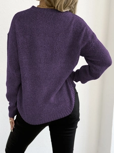 Deep purple lace patchwork knit sweater with crew neck and casual curved hemline