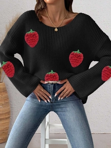 Off-shoulder black knit sweater with 3D red strawberry appliques and bell sleeves