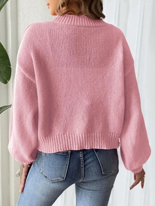 Pink chunky knit cardigan with handmade floral patchwork and puff long sleeves