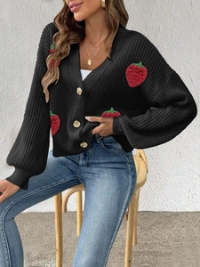 Cardigan nero da donna con fragole 3D, scollo a V e maniche a palloncino