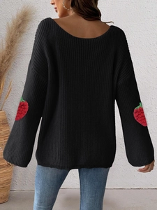 Women's off-shoulder strawberry knit sweater with red embroidery on sleeves
