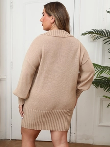 Beige knit sweater dress with polo collar and ribbed cuffs shown from the back view
