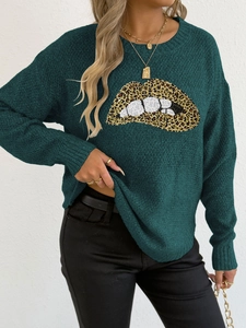 Dunkelgrüner Strickpullover mit Leopardenmuster-Lippen und Pailletten-Stickerei