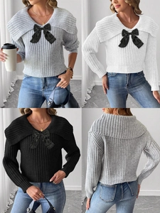 Pull en Maille Femme avec Patchwork de Nœud Revers Pull Court Manches Longues Style Streetwear Gris Blanc Noir Maille