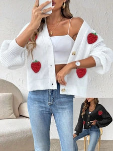 Cardigan in Maglia da Donna Casual con Scollo a V e Patch Fragola 3D Manica a Lanterna Bottoni Dolce Streetwear Capospalla