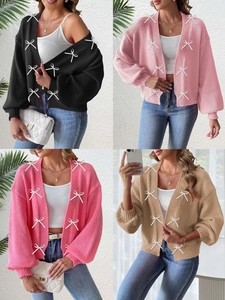 Women Casual Open Front Cardigan Loose Knit Sweater With Satin Ribbon Bow Detail Long Lantern Sleeve Patchwork Coat Outerwear