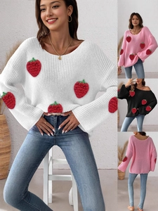 Women Loose Off Shoulder Knit Sweater 3D Strawberry Patchwork Pullover Long Bell Sleeve Sweet Street Style Top