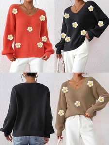 Women's Fashion 3D Floral Crochet V-Neck Pullover Sweater Long Sleeve Loose Knit Patchwork Jumper Streetwear Knitted Top