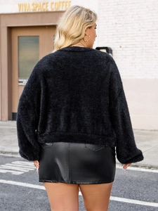 Women's black faux mink fur cardigan with loose lantern sleeves and cozy plush texture
