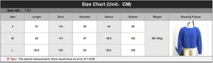 Size chart table for women short knitted sweater with measurements in CM and product image
