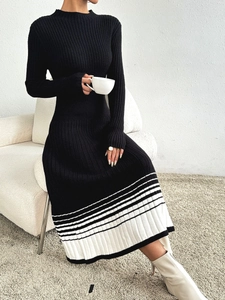 Robe Pull en Tricot à Rayures pour Femmes Coupe Slim Manches Longues Color Block Col Rond Plissé Automne Hiver