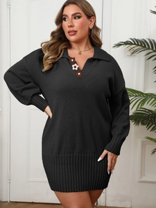 Women's plus size black knit polo dress with long sleeves and floral accents