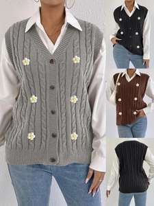Women's Retro Cable Knit Cardigan Vest With 3D Floral Applique V Neck Button Down Sleeveless Sweater Top For Casual Daily Wear