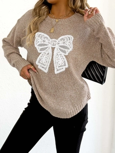 Brown knit sweater with white lace butterfly embroidery and elegant round neckline