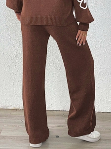 Women's high waist dark brown knitted wide leg trousers in casual straight fit