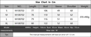 Size chart for deep V-neck sweater dress showing S to XL dimensions in centimeters