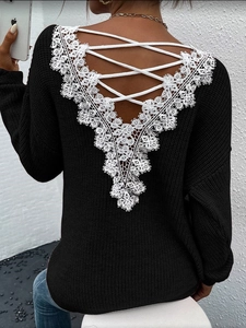 Elegant black knit sweater with backless V-neck lace patchwork and crisscross straps