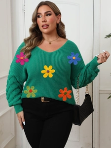 Green V-neck knit sweater for women with colorful 3D crochet flowers and puff sleeves