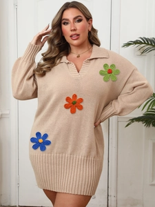 Women Plus Size Polo Neck Knit Sweater Dress Long Sleeve 3D Crochet Floral Patchwork Bodycon Midi Sweater Dress Fall Winter