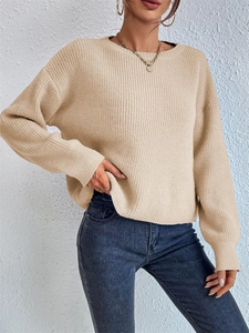 Women's Casual Ribbed Knit Pullover Sweater Crew Neck Long Sleeve Solid Color Soft Warm Loose Autumn Winter Knitwear Top