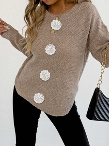 Pull en maille marron avec fleurs au crochet 3D et manches longues pour femme